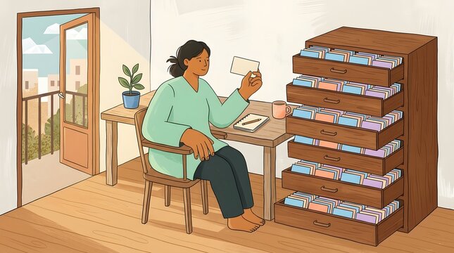 Woman seated beside open drawer cabinet examining index card at home desk