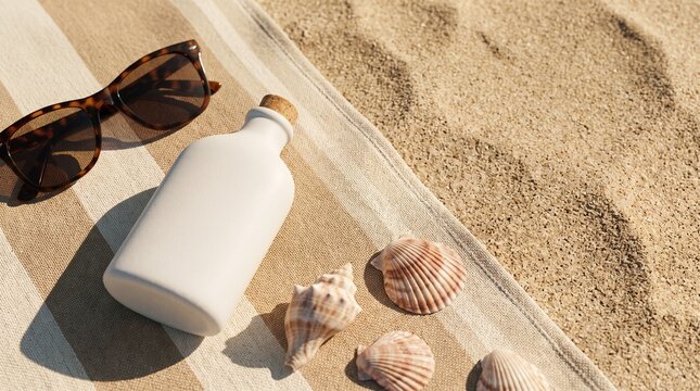 Sunscreen bottle and sunglasses on a striped beach towel with seashells