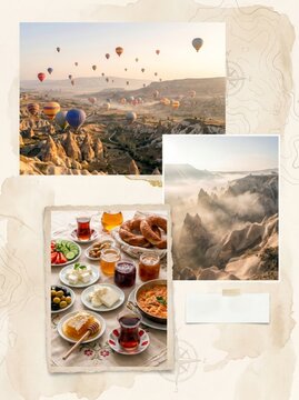 Cappadocia Travel Collage: Hot Air Balloons and Traditional Turkish Breakfast