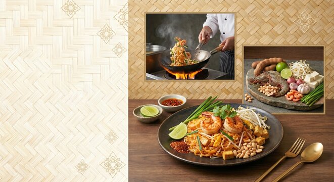 Thai food culture : Digital illustration of Pad Thai and chef cooking with copy space
