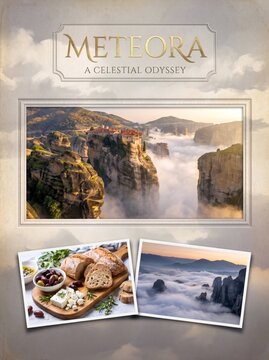 Greece tourism : Digital illustration of Meteora monasteries and local food with copy space