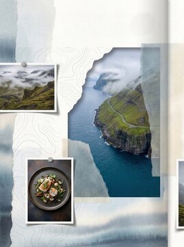 Nordic Landscape and Cuisine Collage with Mountains and Plated Seafood