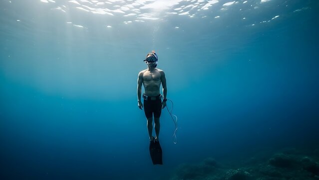 Man freediving deep underwater in clear blue ocean water with scuba gear