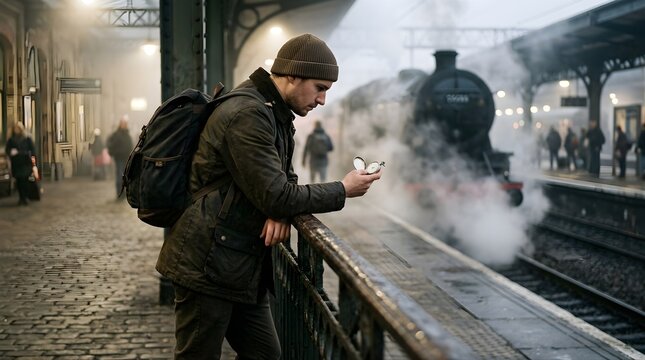 Man waiting for a train at a station checking a vintage pocket watch