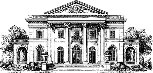 Obraz premium Neoclassical mansion facade engraving with central portico and pilasters for architectural background and historical building poster