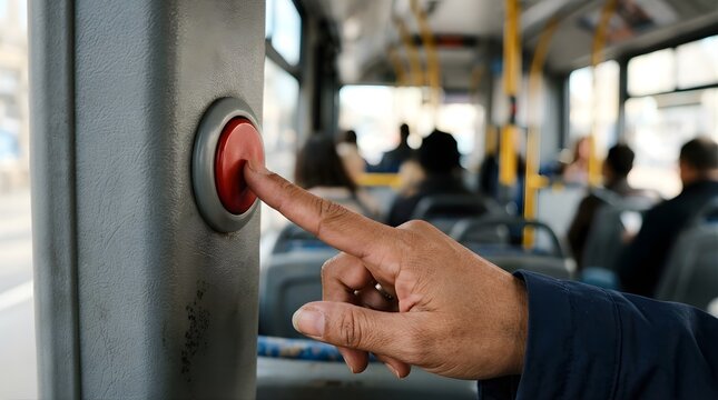 Person pressing a red stop button on a public bus interior