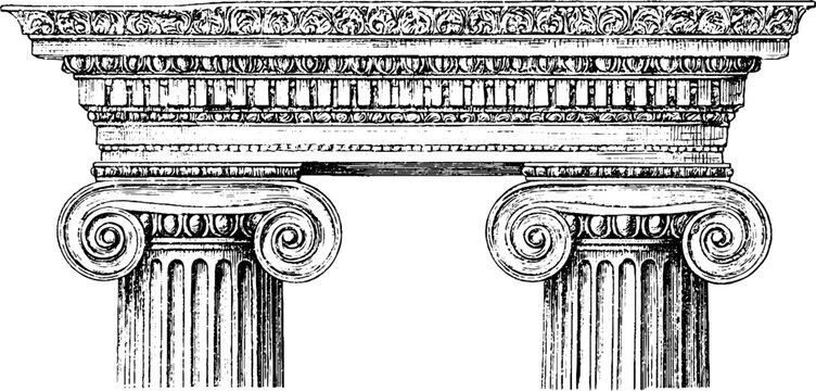 Antique ionic capitals and entablature engraving isolated on white background for architectural reference and decorative banner design