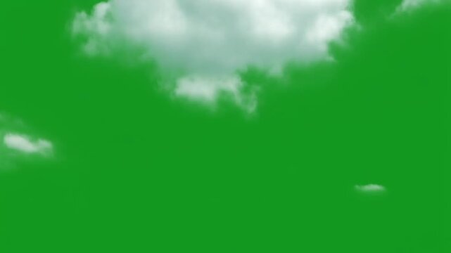 Cumulus clouds drift serenely across a vibrant green screen backdrop during daytime with subtle cinematic motion