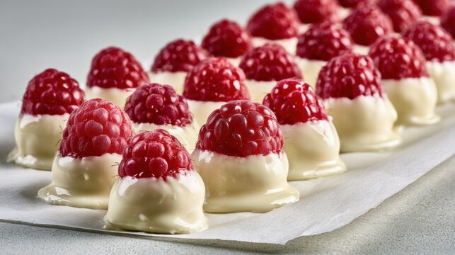 White chocolate coated raspberries arranged on parchment paper, dessert confectionery and sweet snack preparation concept