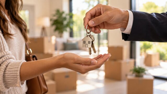 Real estate agent handing over house keys to client