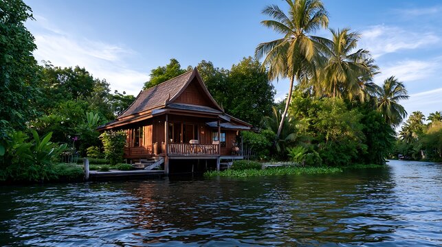 Thai teak stilt house exterior on a canal with traditional wooden architecture
