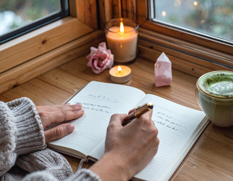 A cozy, atmospheric scene captures a person writing in a journal by a window. Warm candlelight, crystals, and tea create a serene, reflective mood perfect for mindfulness, study, or blogging.