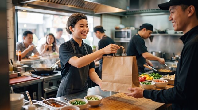 Smiling restaurant chef handing a paper takeout order to a coworker in a busy kitchen