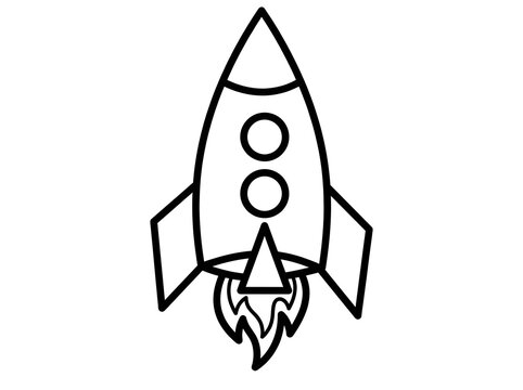 Rocket ship line art icon on a white background for space exploration concepts