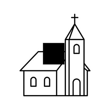 Simple black and white line drawing of a church building with a steeple and arched windows