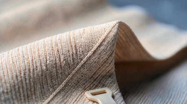 Extreme macro close-up of elastic beige compression bandage with ribbed woven fabric texture and plastic fastener. Soft medical textile background for health care, orthopedics and injury rehab