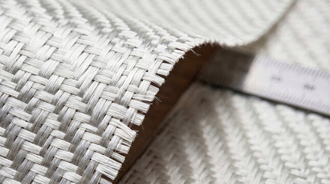 Macro close-up of white woven fiberglass fabric cloth sheet edge with detailed weave pattern. Industrial composite material, textile structure and fiber mesh background texture concept