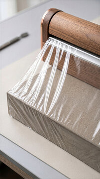 Clear plastic stretch wrap pulled tight over cardboard block from wooden dispenser on work bench. Packaging process, protective wrapping material and shipping preparation texture concept