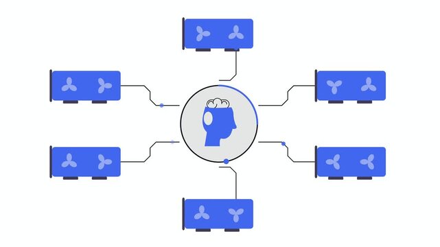 AI GPU Ring Chip, Artificial Intelligence Processor, Blue White Grey Tech Background, Digital Animation, Abstract Graphic, Machine Learning Concept, Horizontal Motion Loop