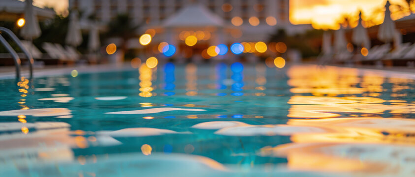 Luxury swimming pool resort bokeh sunset water reflections tropical vacation blurred background evening hotel relax summer paradise resort twilight view illuminated poolside clear water leisure.