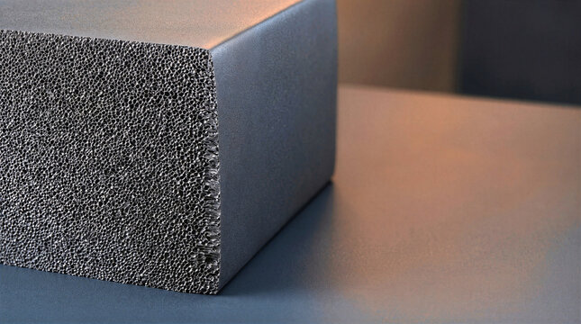 Macro view of dark grey closed cell foam block showing detailed porous cut surface texture. Industrial synthetic polymer sponge material block resting on table with warm directional lighting