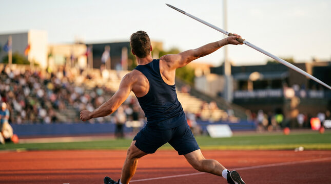 Athlete throws javelin during track and field competition with spectators watching