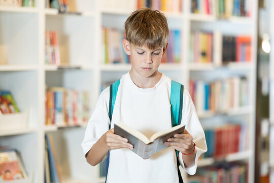 Focused adolescent schoolboy browsing through literature volumes on shelves in cozy bookshop