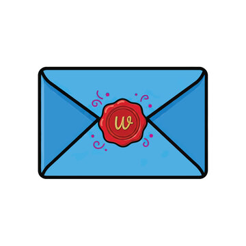 Blue envelope sealed with a red wax emblem and decorative swirls