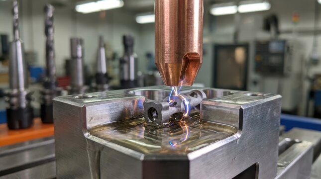 EDM machining of an orthopedic component with copper electrode, coolant, and precision fixture in a clean shop.