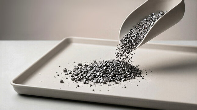 Shiny dark specular hematite ore crystals pouring from scoop onto light gray tray. Metallic mineral rock granules and glittering crushed stone grains close up in research laboratory testing setting