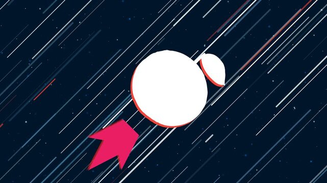 Orange symbol flies through the universe on a jet propulsion. The symbol in the center is shaking due to high speed. Seamless looped 4k animation on dark blue background with stars