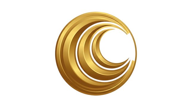 Golden circular logo with layered crescent shapes, elegant metallic 3d emblem, luxury gold swirl icon for corporate branding