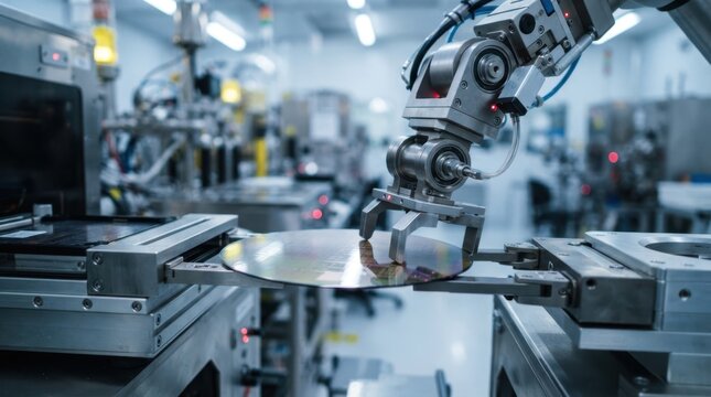 Robotic wafer handler moving a 300 mm silicon wafer inside a sterile semiconductor fabrication bay with red indicators and stainless steel equipment