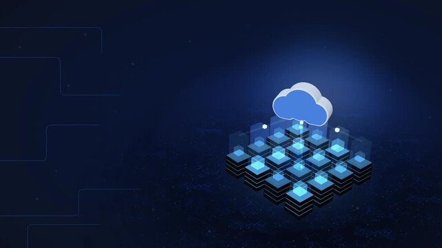 Cloud Server Room Isometric 3D, Blue Glow Network Beams, Digital Cloud Computing, Data Center Tech Background, Connection Traces, Futuristic Server Visualization, IT Infrastructure, Hosting Network