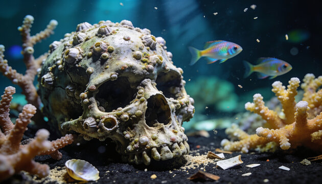 Human skull submerged underwater covered with barnacles and sea growth on dark ocean bed surrounded by coral reefs and tropical fish, marine biology, sunken treasure concept.