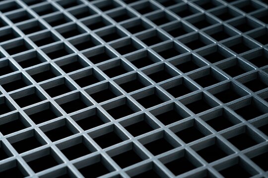 Close-up of a repeating square grid pattern, metal texture, dark background