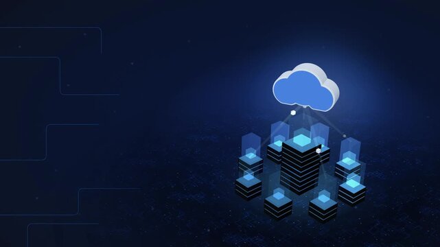 Isometric Cloud Server 3D, Digital Data Flow, Glowing Blue Neon, Cyber Network Background, Cloud Computing, Tech Infrastructure, Data Center, Server Hardware, Data Transmission, Cloud Server Room