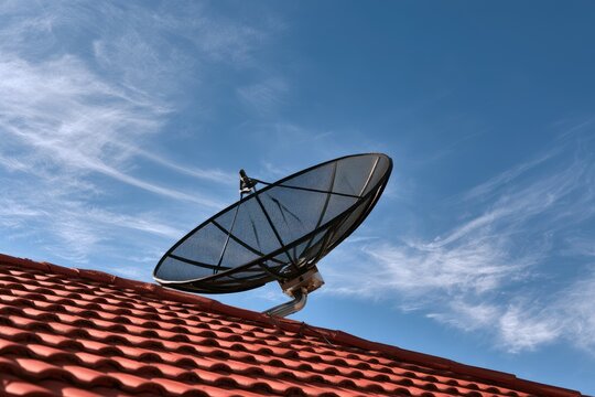 Large satellite dish on a red tiled roof against a bright blue sky