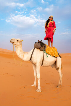 Smiling young woman dressed in traditional attire happily stands on a dromedary camel exploring the vast orange sand dunes of the Sahara Desert during a journey through Morocco