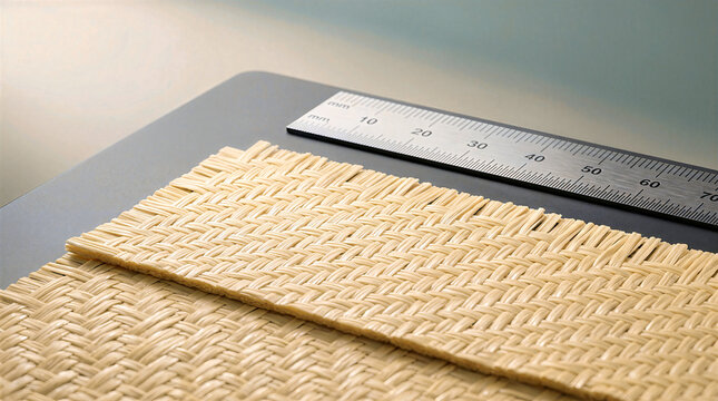 Light cream woven fiber mesh sample placed next to steel metal measuring ruler scale. Close up perspective of composite material weave texture, industrial testing and quality control concept
