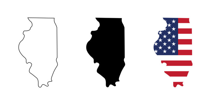 Illinois state outline, silhouette and American flag icon set