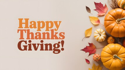 Naklejka premium Happy thanksgiving greeting card with orange pumpkins and colorful autumn leaves on a light beige background