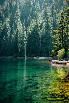 Clear turquoise water and evergreen forest at Deeks Lake, British Columbia
