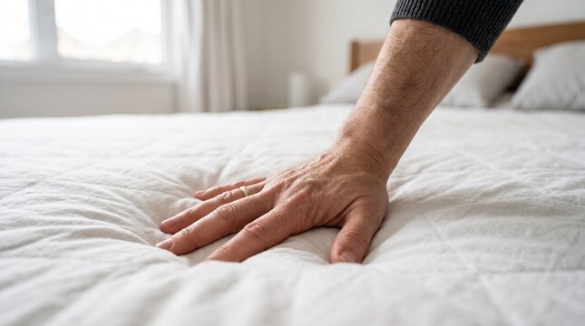 A close-up shot of a man's hand checking the texture of a soft, comfortable white knitted bed mattress.