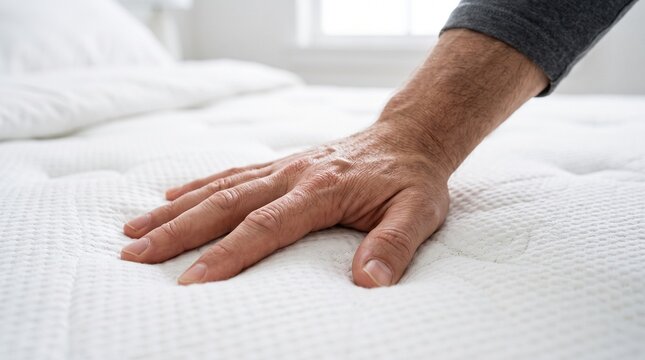 The photo shows a close-up of a man's hand pressing onto a white quilted mattress to test its firmness or quality. He is wearing a simple gold ring. The background shows a modern, bright bedroom.