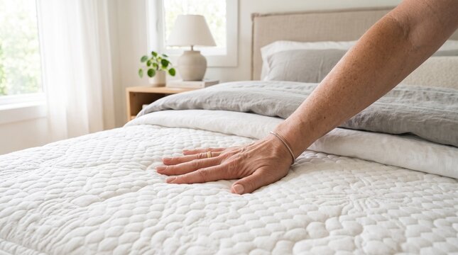 A woman's hand, wearing a bracelet, is placed gently on a white quilted bedspread. The background shows a cozy, light-filled bedroom with a window, a wooden nightstand, and a bed with grey pillows.