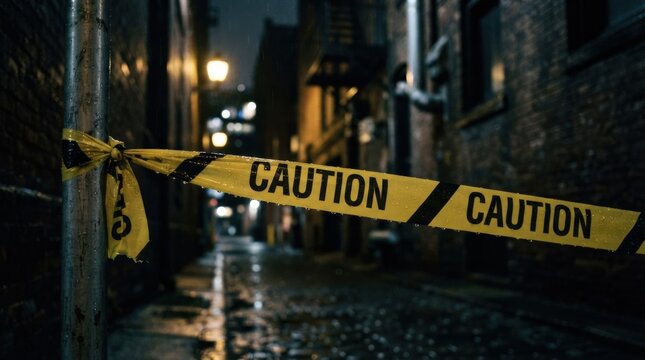 Rainy Night Alley with Caution Tape