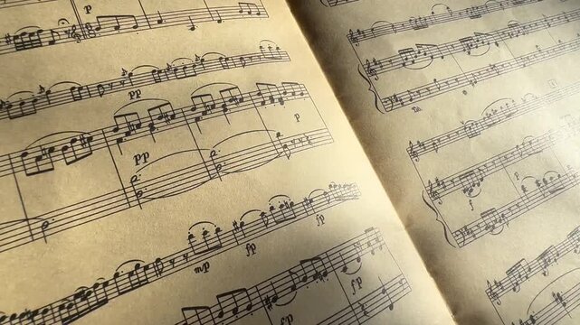 Old sheets with music notes. Close-up. Retro style. Selective focus. Notes on music score paper. Concept background for musical content. Musical notes on sheet music with clear details