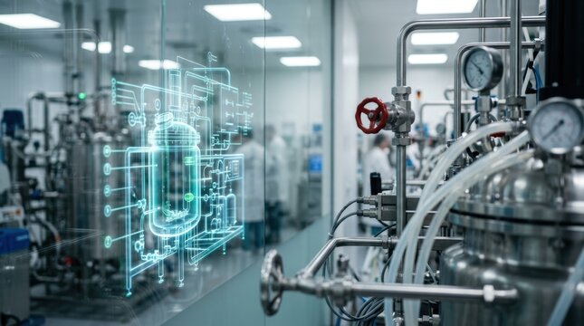 Digital twin reflection on glass beside a bioreactor with valves, gauges, and tubing in a sterile laboratory