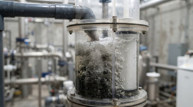 Wastewater pipe feeding a bubble column with catalytic granules, foam, and mesh filter cartridge